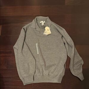 Gray Crewneck Sweater with Quarter-Zip Collar